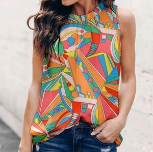 Dokotoo Colorful Geometric Sleeveless Top Size L.